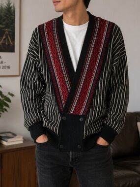 Vintage Native Pattern Cardigan Sweater M Black Red Acrylic Korea